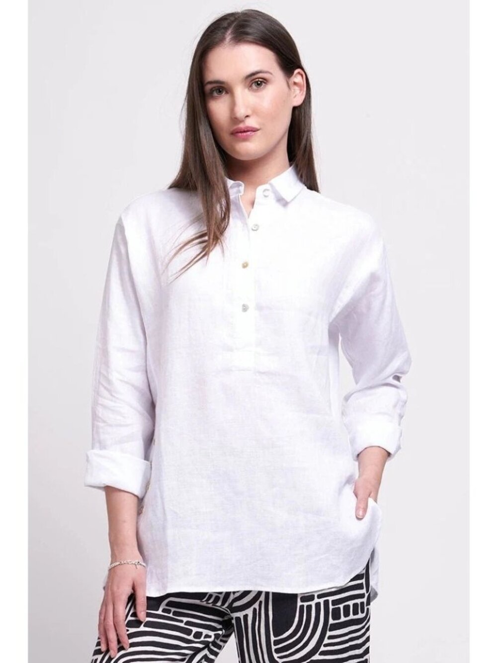 J. Jill Tunic Top Size Large Tall White Button Front Long Sleeves 100% Linen